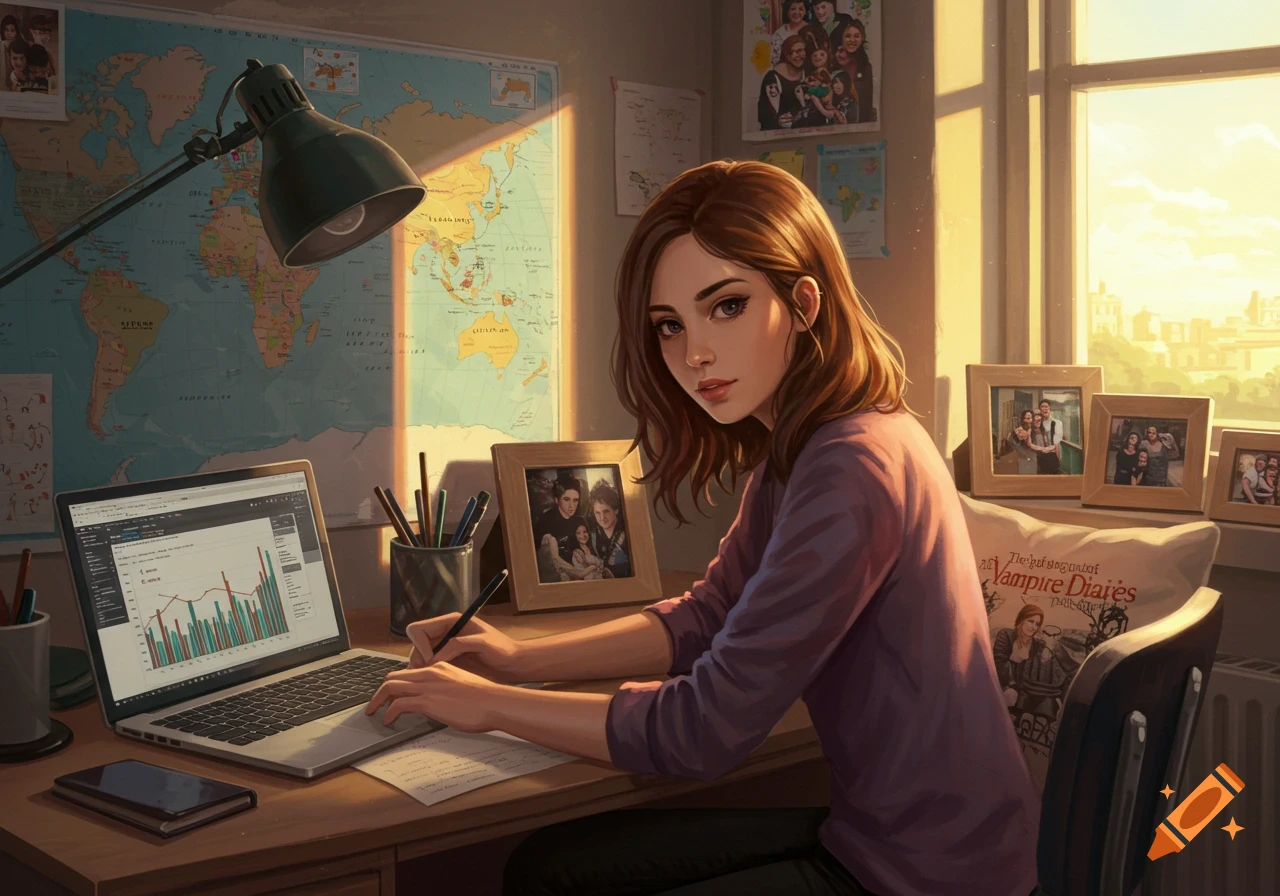 A stylized illustration of a young woman with brown hair, in a purple shirt, writing at a desk with a laptop, a world map, and a "Vampire Diaries" pillow behind her.