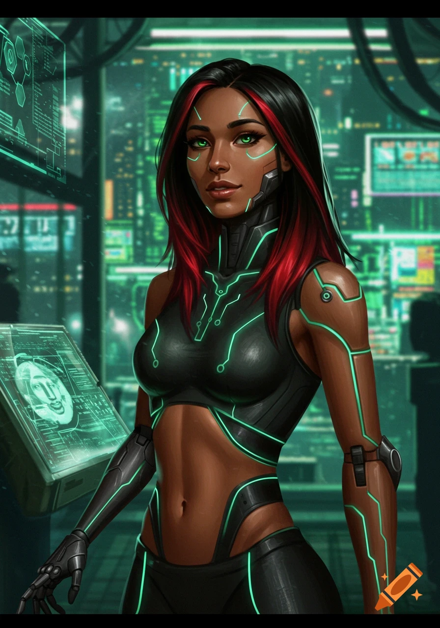 A cybernetically augmented woman with glowing green eyes and red-streaked hair, wearing a black bodysuit with neon green circuitry, standing in a futuristic city with holographic screens.