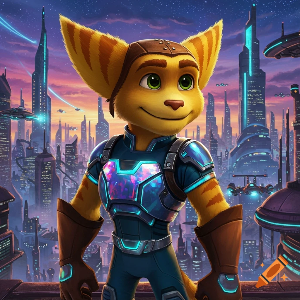 Cartoon lombax character, Ratchet, in blue and purple futuristic armor and pilot helmet, stands in a futuristic city at sunset.