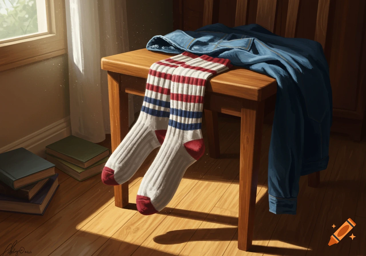 A pair of red, white, and blue striped tube socks and a blue shirt drape over a wooden stool in a sunlit room, with books on the floor.