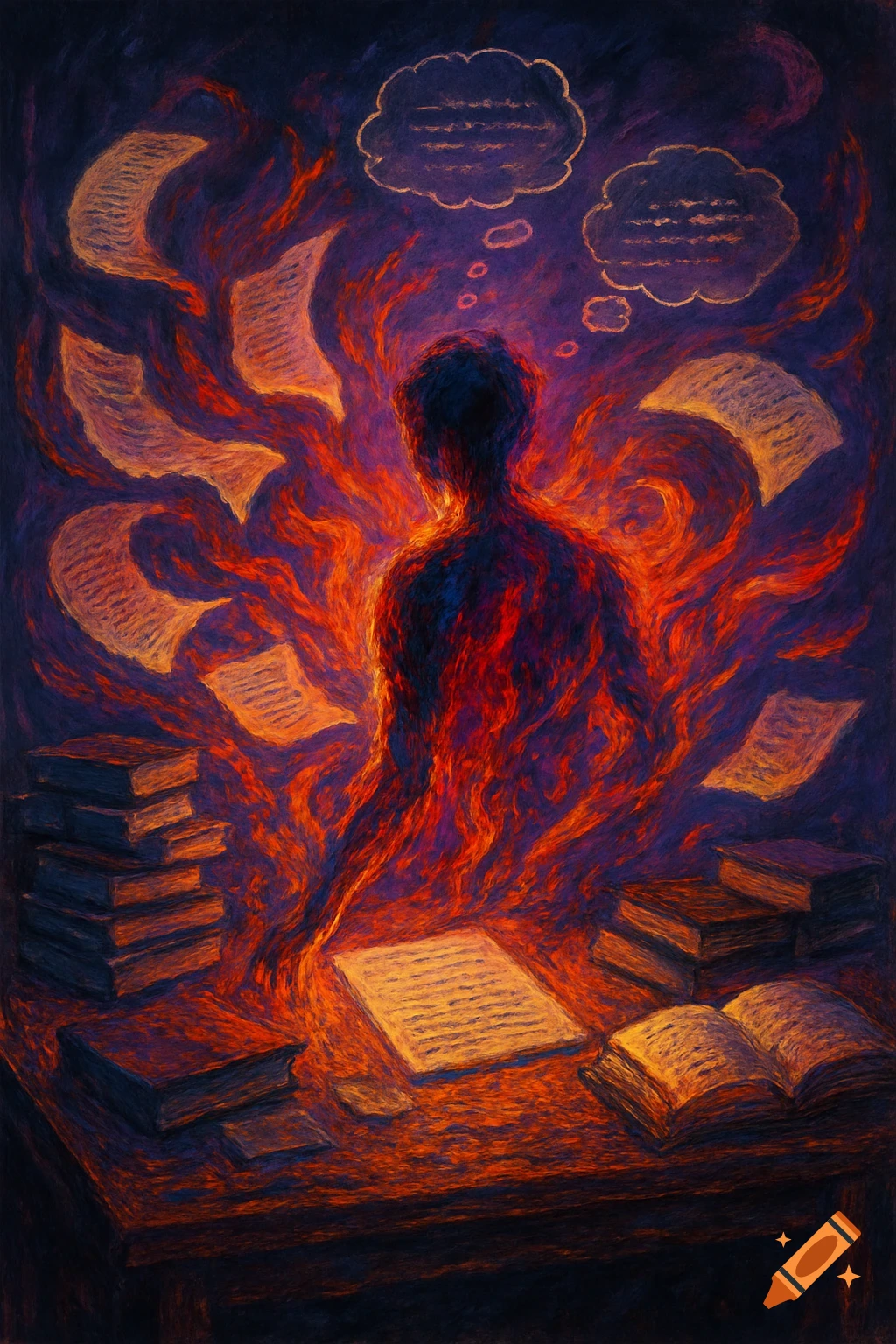 A fiery, shadowy figure sits at a desk surrounded by books and floating papers, with garbled thought bubbles, in a painterly style.