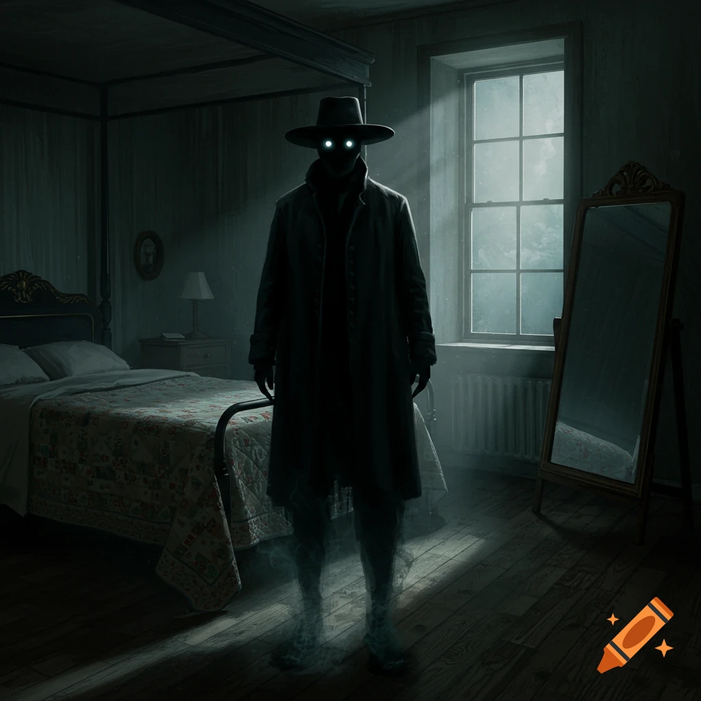A ghostly, featureless shadow man with glowing eyes stands in a dark bedroom with a bed, mirror, and a window.