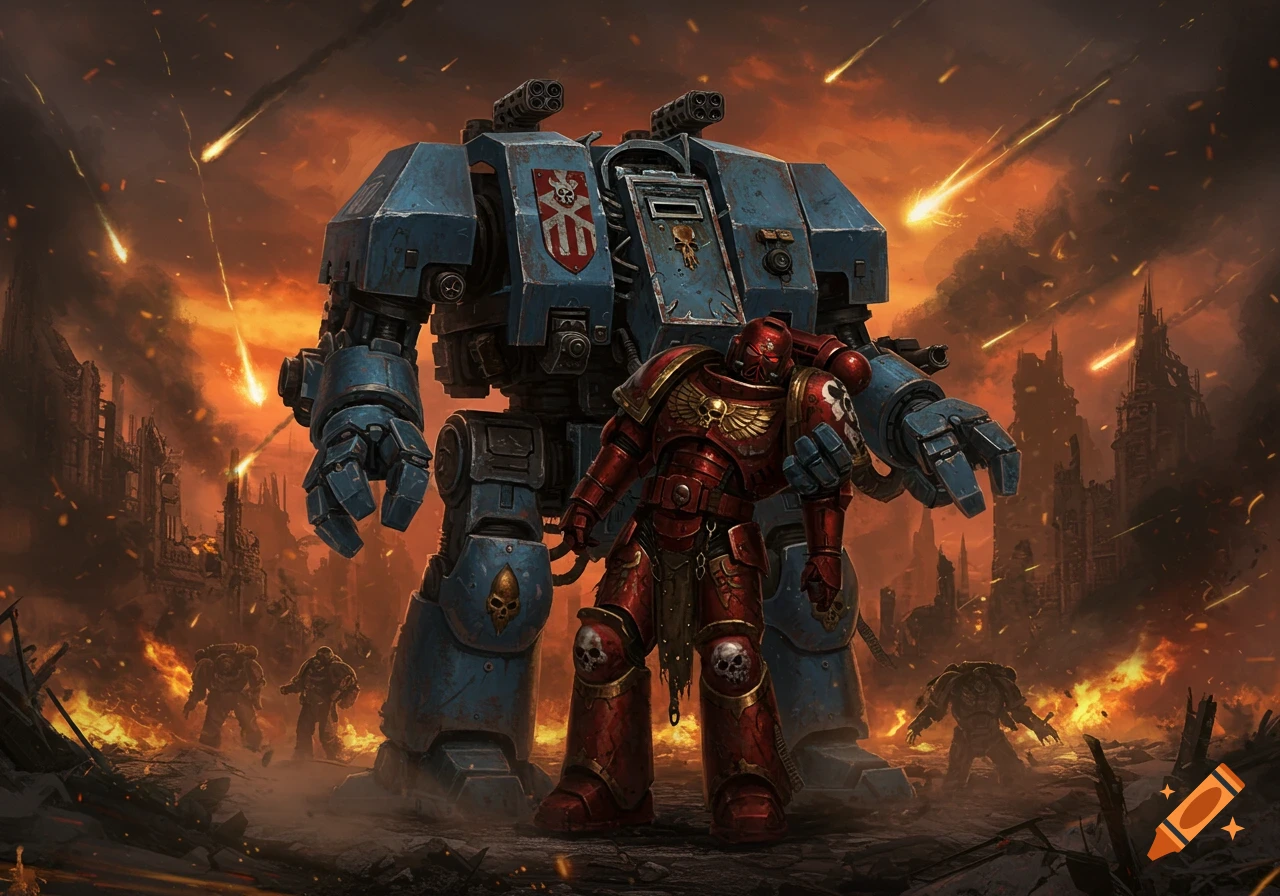 A massive blue Warhammer Dreadnought cradles a red Space Marine in a ruined, burning city with missiles falling from the sky.