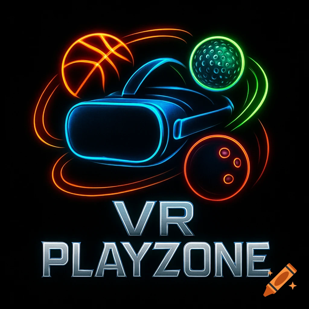 Neon glowing VR headset logo with basketball, golf ball, and bowling ball orbiting it, text 'VR PLAYZONE' in a cyberpunk style.
