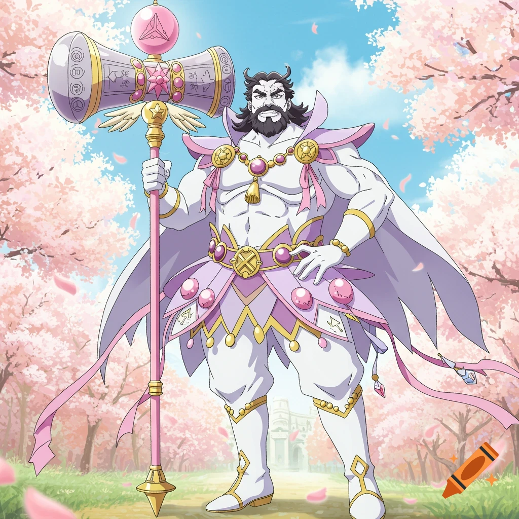 Anime drawing of a burly man in a white and pink magical girl outfit, holding a large pink and gold hammer scepter in a cherry blossom park.