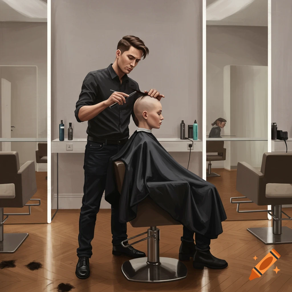 A male barber shaves the head of a female client bald in a modern barbershop, with cut hair on the wooden floor.