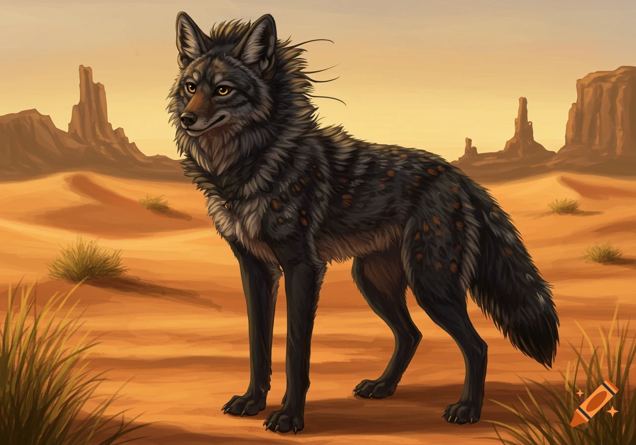 Furry art of a black coyote with grey and brown spots standing in a desert landscape with mesas.