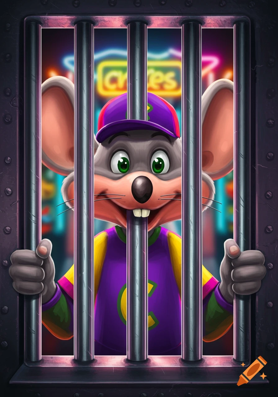 Cartoon Chuck E. Cheese, a gray mouse wearing a purple and yellow shirt and cap, peers through metal prison bars with a neon sign in the blurry background.