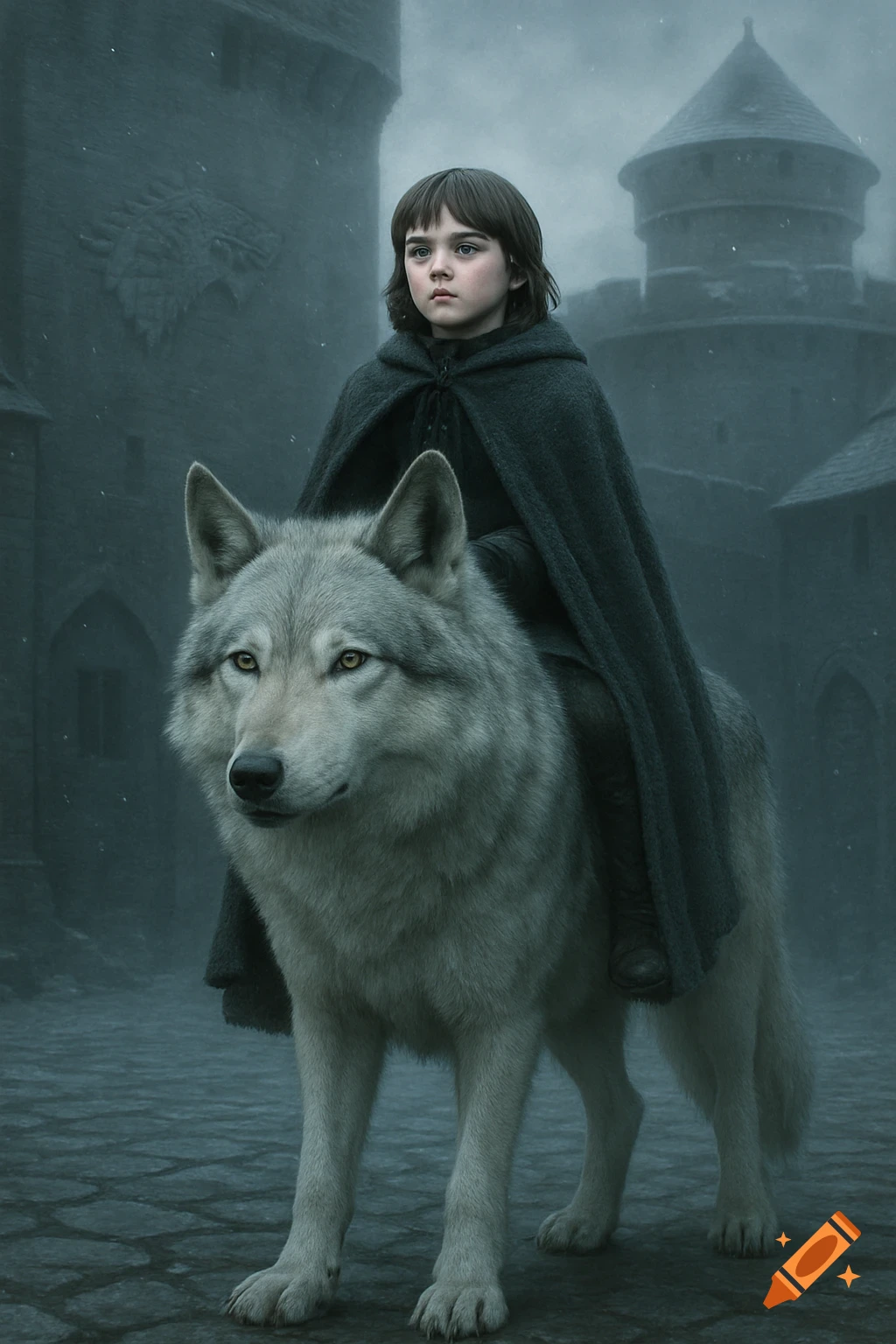 A young child with a dark cloak rides a large grey wolf in a misty, snowy castle courtyard, in a dark fantasy style.