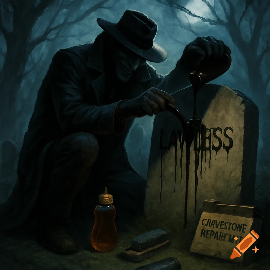 A shadowy figure in a fedora pours a dark substance on a gravestone labeled 'LAWLESS' in a moonlit forest; items sit on the ground.