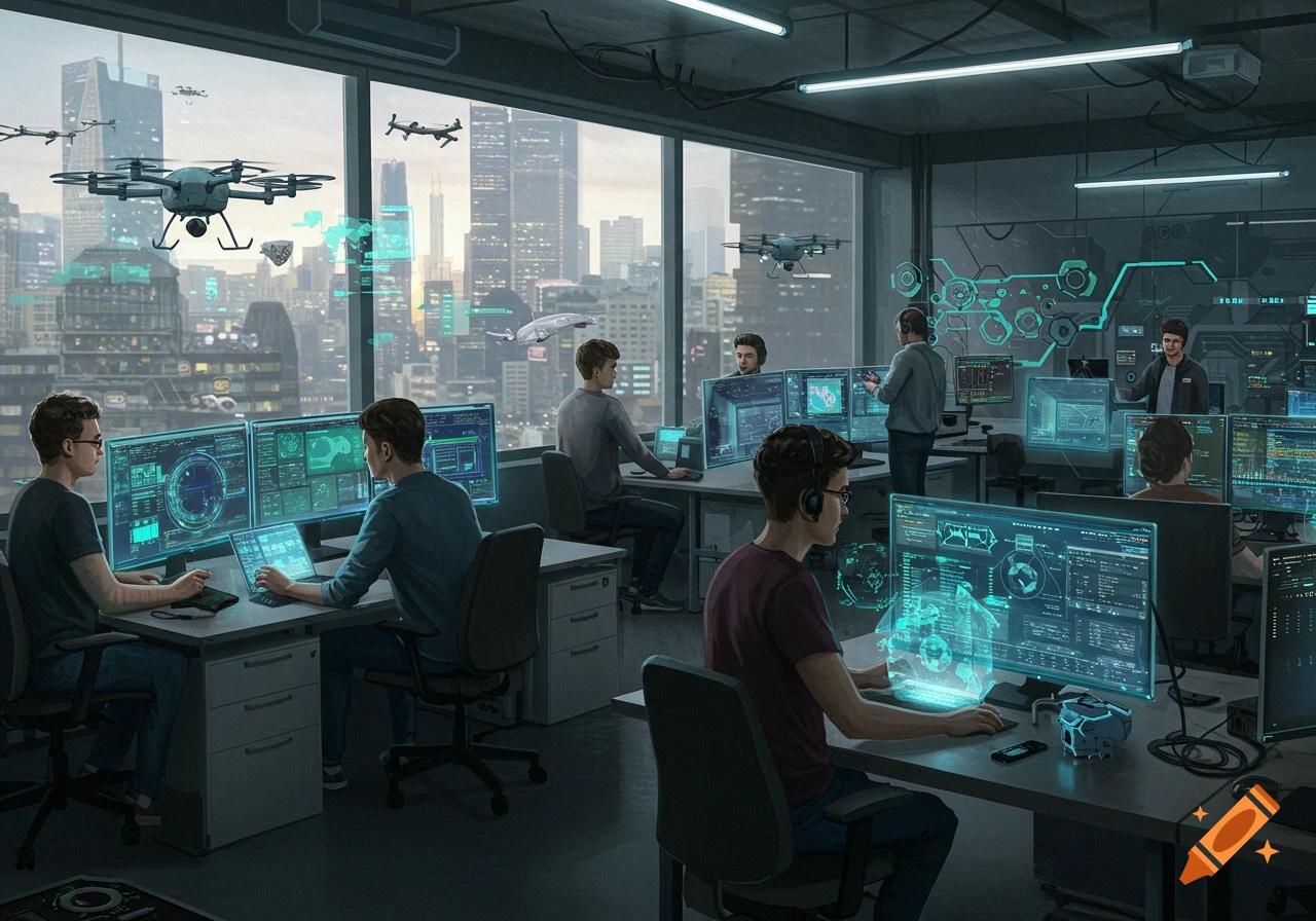 A futuristic office where people work on computers with holographic displays. Drones fly outside a large window overlooking a high-tech city.
