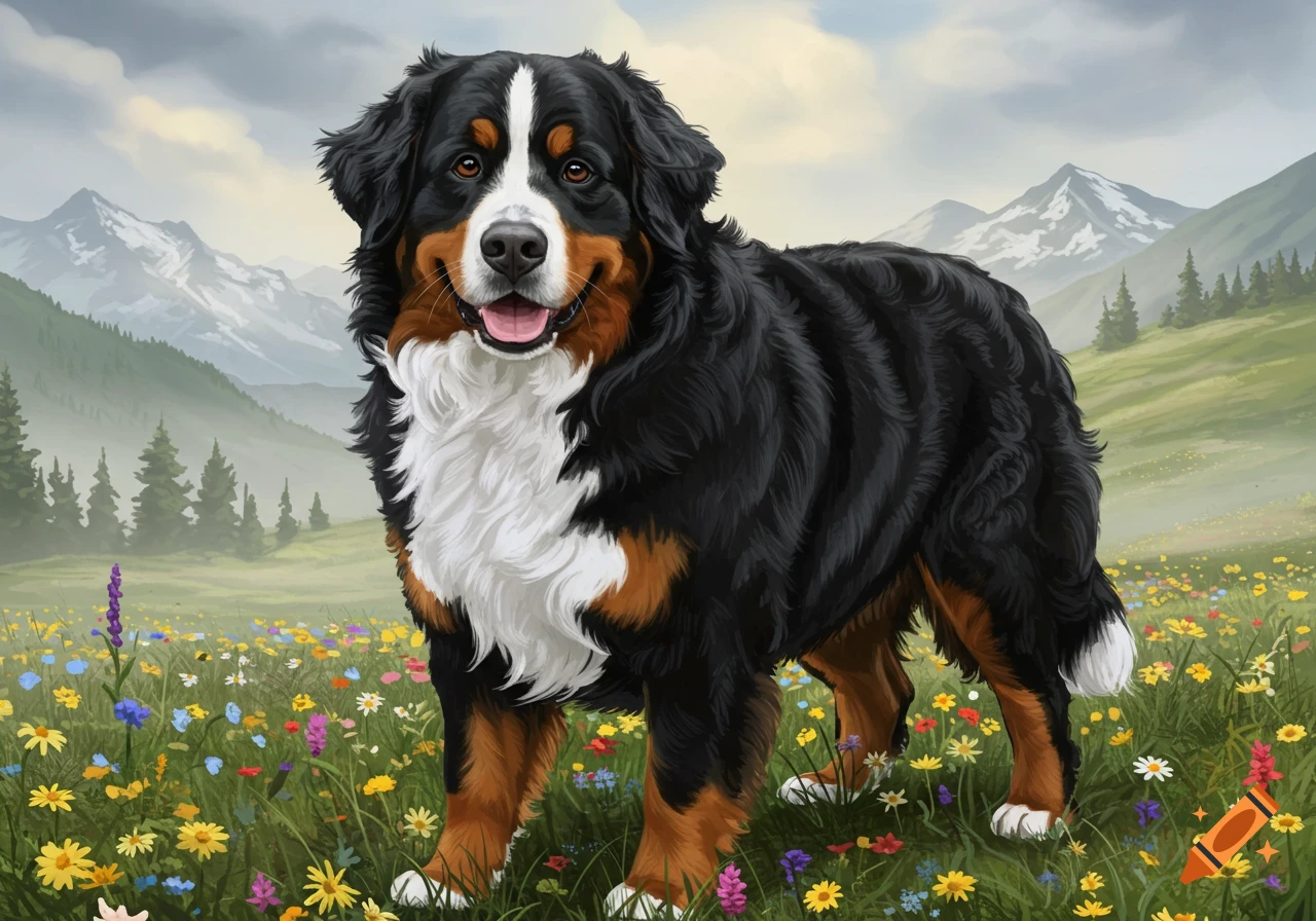 A majestic Bernese Mountain Dog with a thick black, white, and brown coat stands smiling in a vibrant field of wildflowers with snowy mountains in the background.