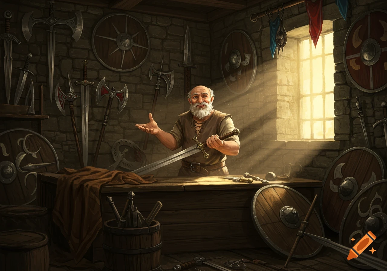 A smiling old, bearded man in a medieval weapon shop holds a sword, surrounded by axes and shields on stone walls. Sunlight streams from a window.