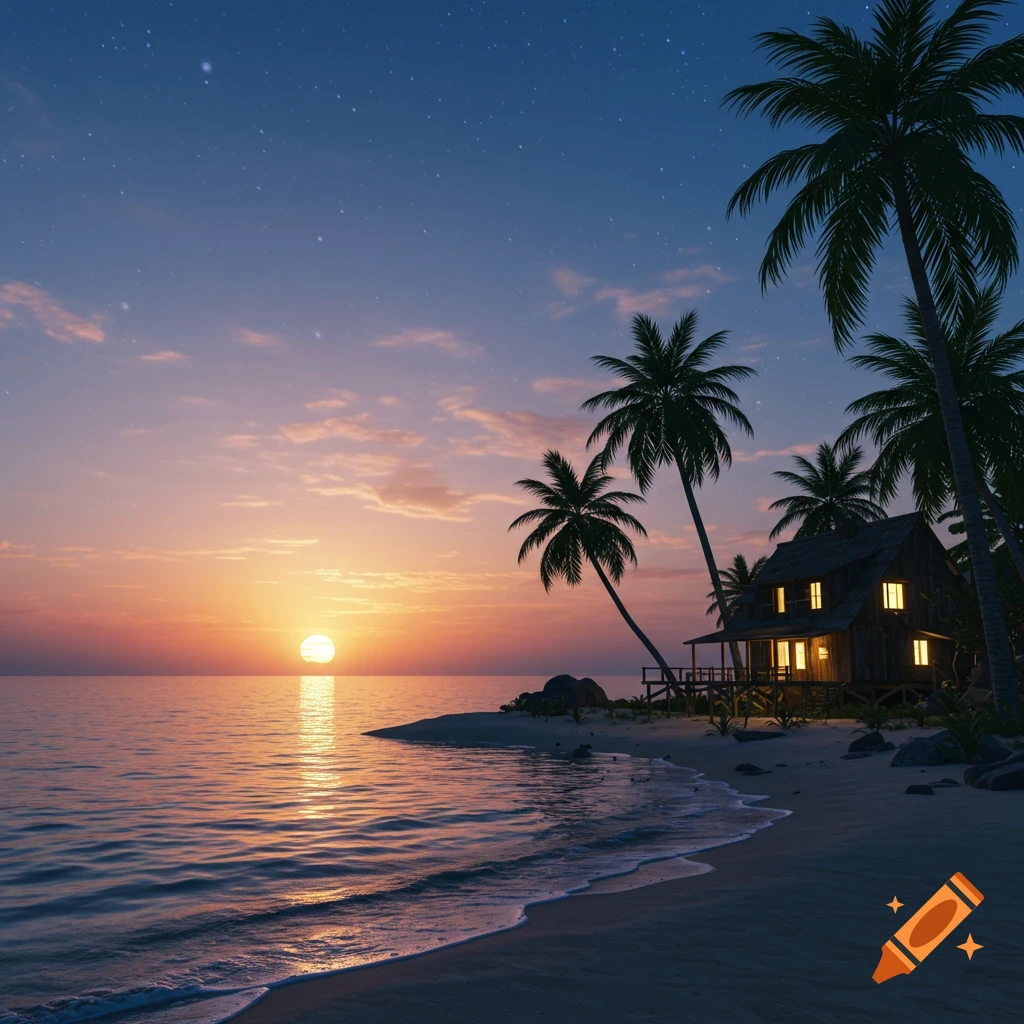 A serene tropical beach at sunset with a small, lit wooden hut nestled among palm trees by the ocean under a starry sky.