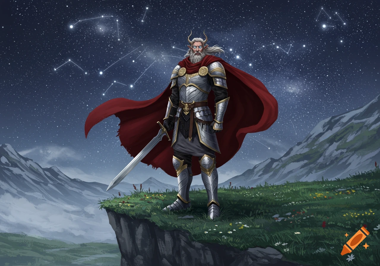 An old, horned warrior in ornate armor and red cape stands on a cliff under a starry night with constellations.