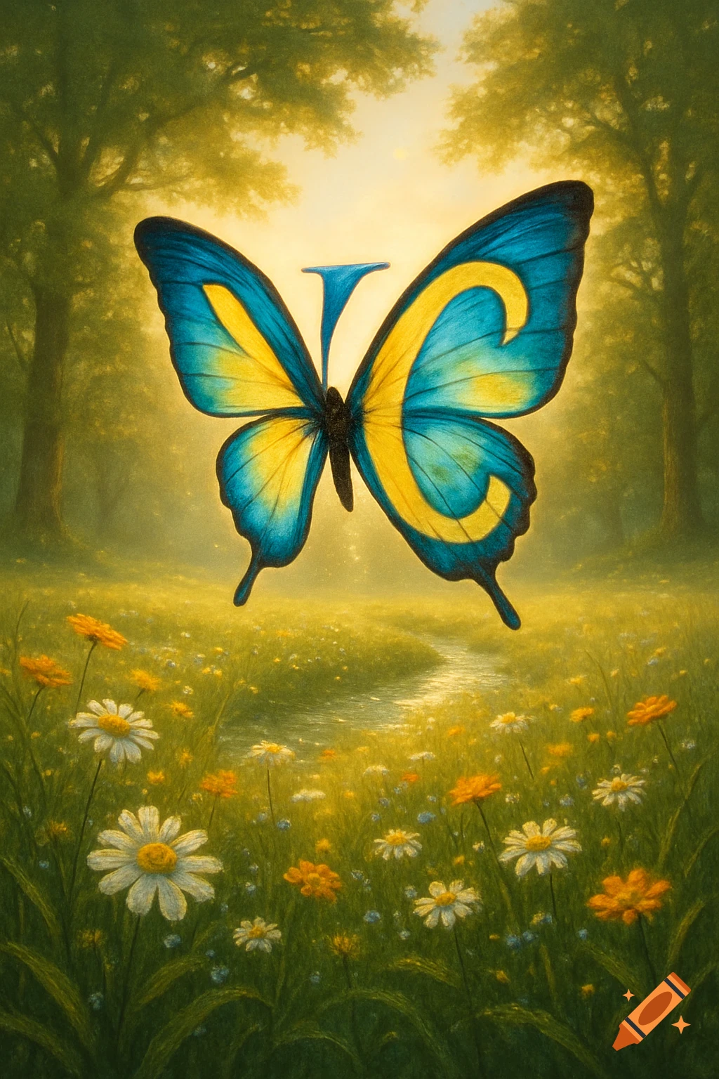 A vibrant blue and yellow butterfly with 'Y' and 'C' shaped wings flies over a sunny meadow with white and orange flowers.