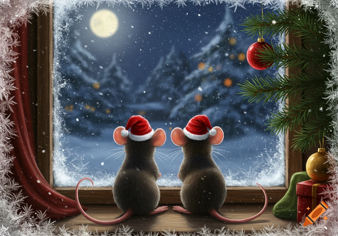 Two cute mice in Santa hats gaze out a frosted window at a snowy Christmas night with a full moon and evergreen trees.