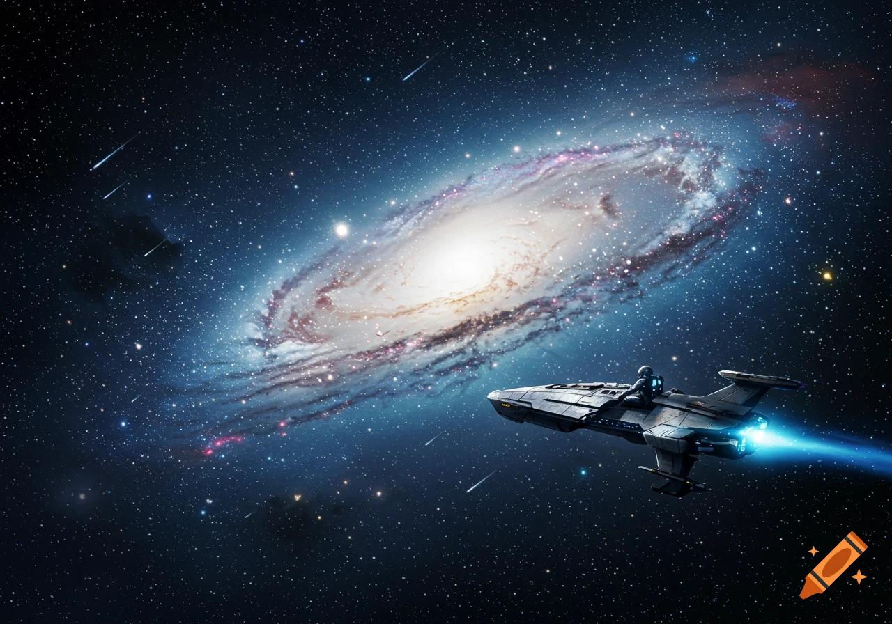 A futuristic spaceship with a pilot flies through deep space, with a bright spiral galaxy in the background. Photorealistic digital art.
