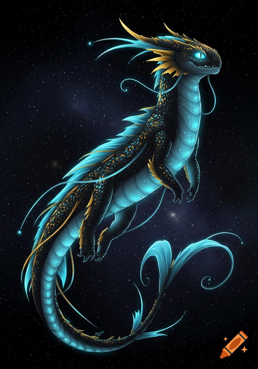 A sleek bioluminescent blue and gold fantasy dragon with glowing eyes floats in a dark starry cosmic background. Detailed illustration.