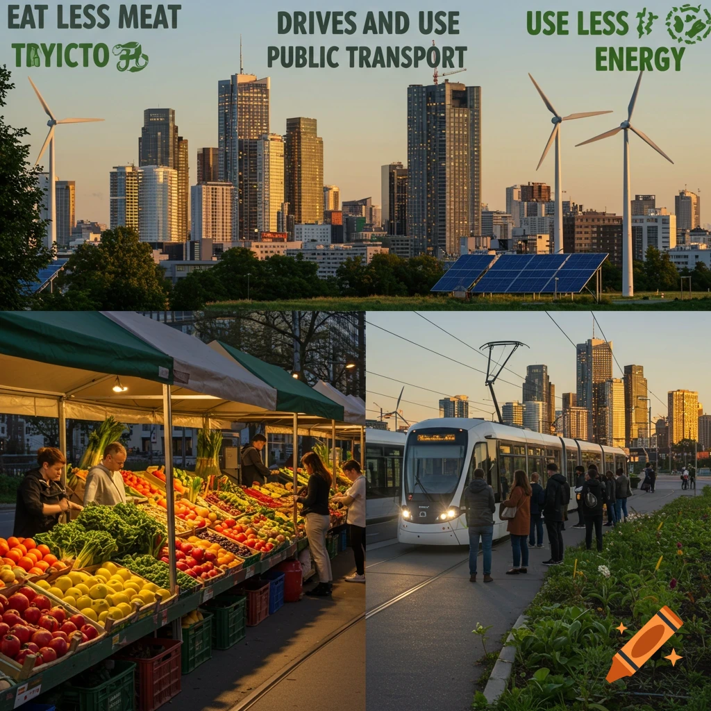 A four-panel image promoting sustainability. Top panels show a city with wind turbines/solar panels. Bottom left is a vibrant produce market. Bottom right shows a public tram and people at a stop.