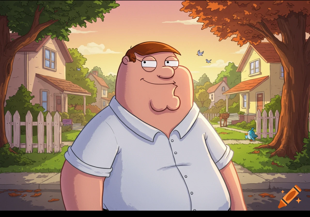 Cartoon character Peter Griffin in a white polo shirt stands on a suburban street at sunset.