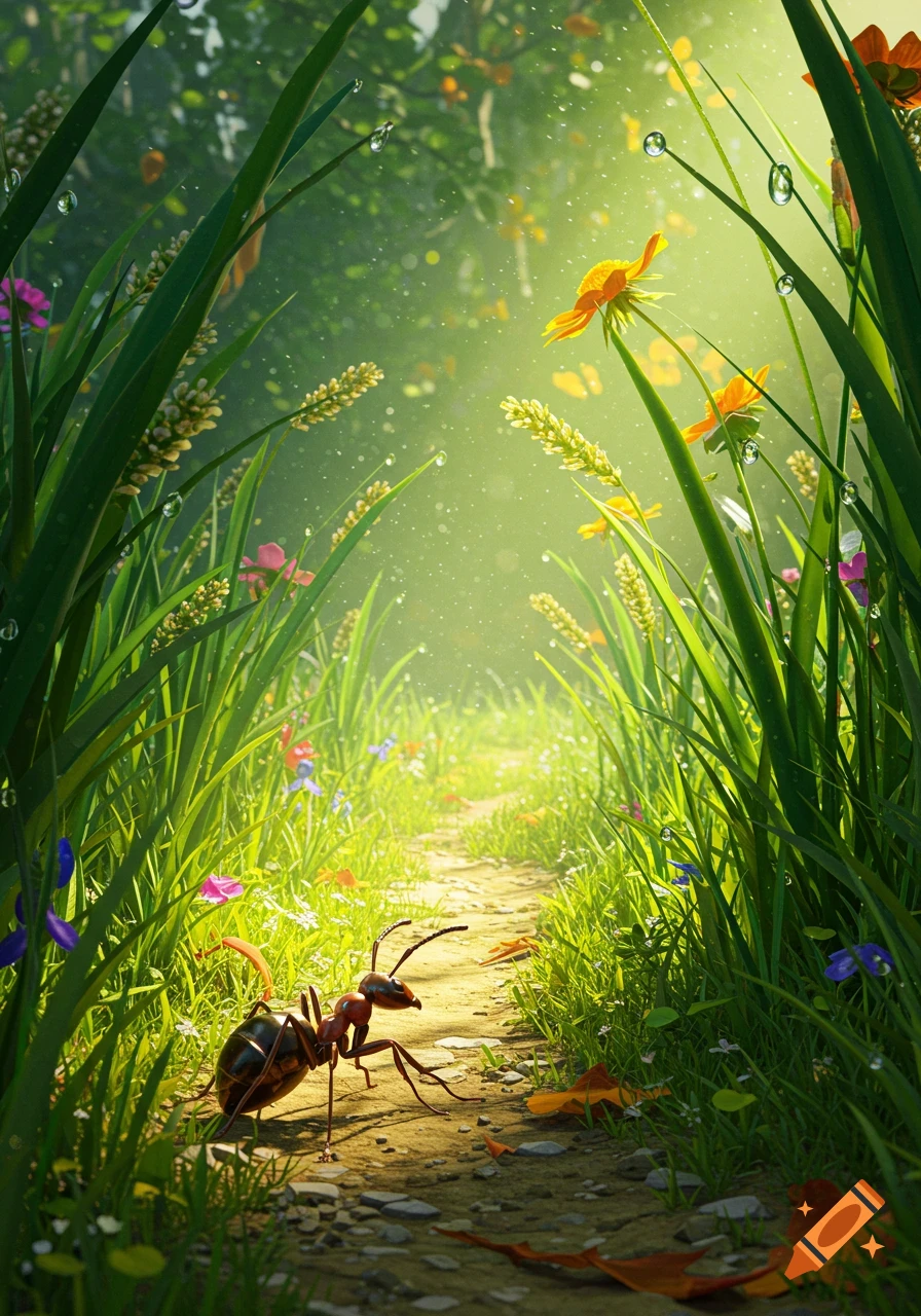 An ant walks on a dirt path through lush green grass and colorful flowers, illuminated by golden sunlight.