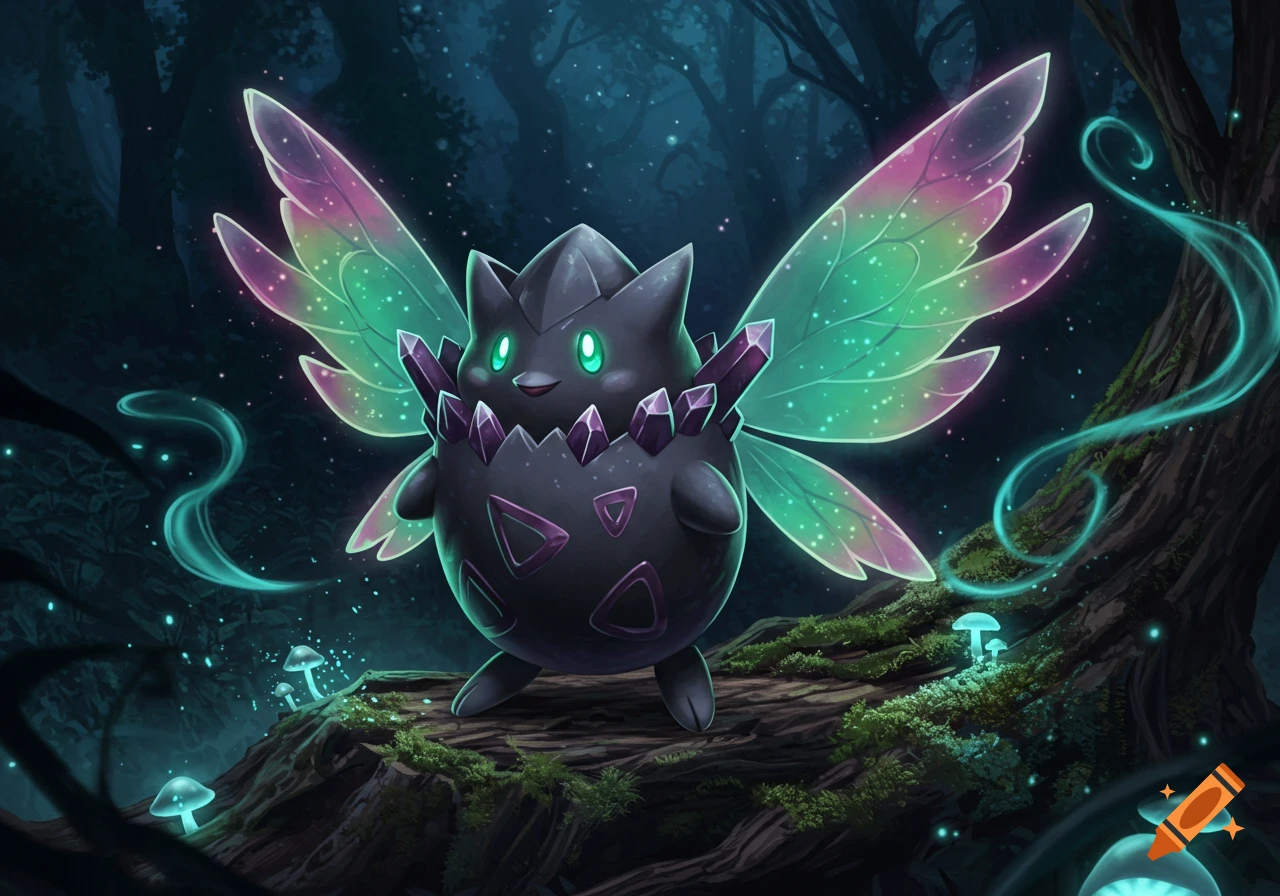 A dark/fairy-type Pokémon, an evolution of Togepi, with black skin, purple crystals, glowing green eyes, and rainbow wings, standing in a magical dark forest with glowing mushrooms.