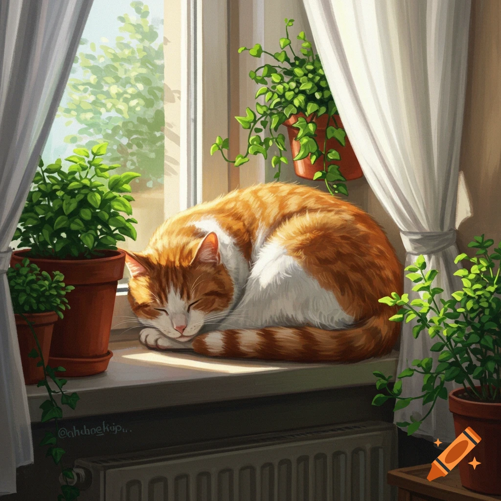 An orange and white cat sleeps curled on a sunlit window sill with potted plants, rendered in a warm, painterly illustration.