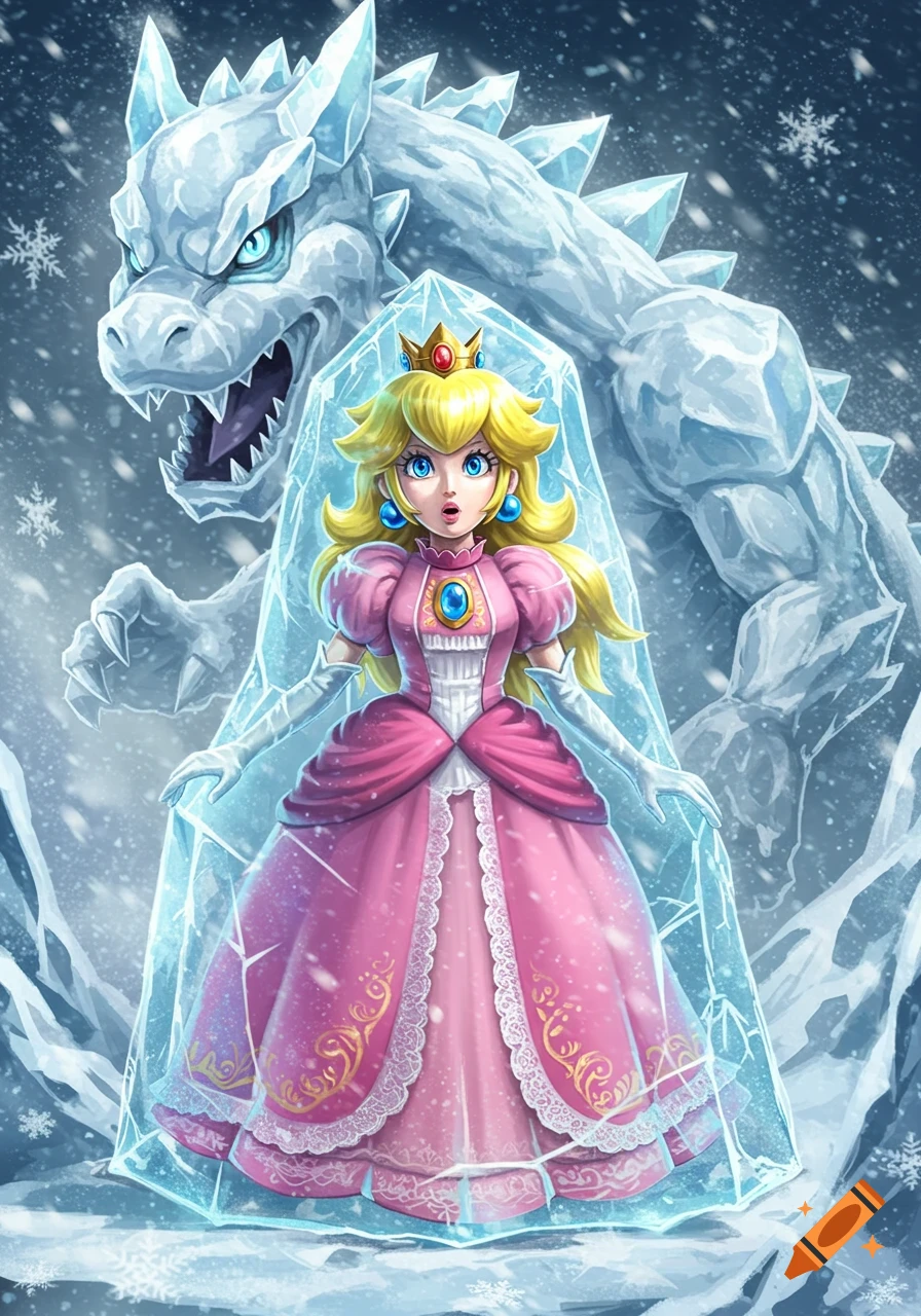 Princess Peach is frozen in a block of ice with a large, menacing ice dragon roaring behind her, against a snowy background.