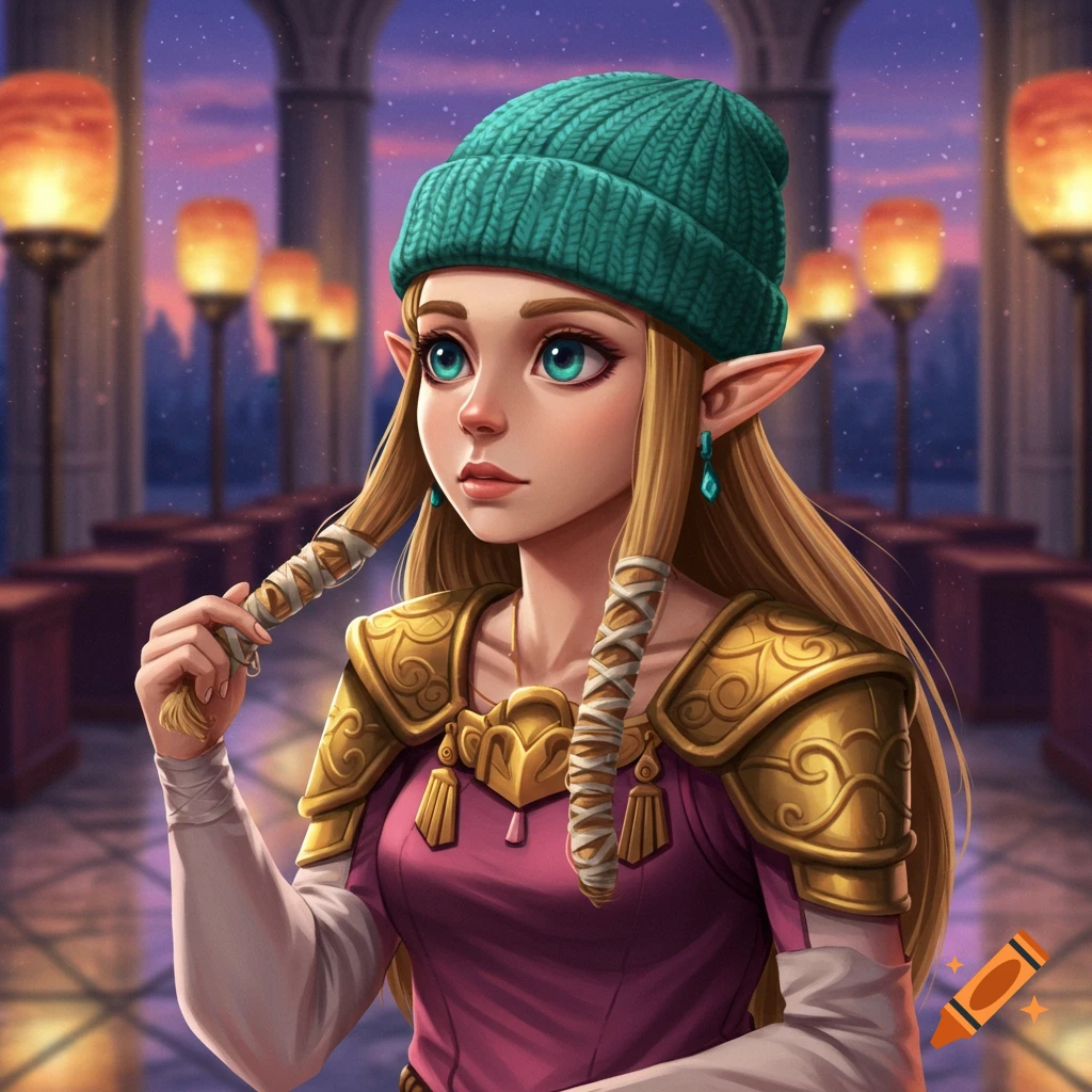 Princess Zelda with long blonde braids, pointy ears, a teal beanie, and golden armor, holding a braid in a fantasy hall.