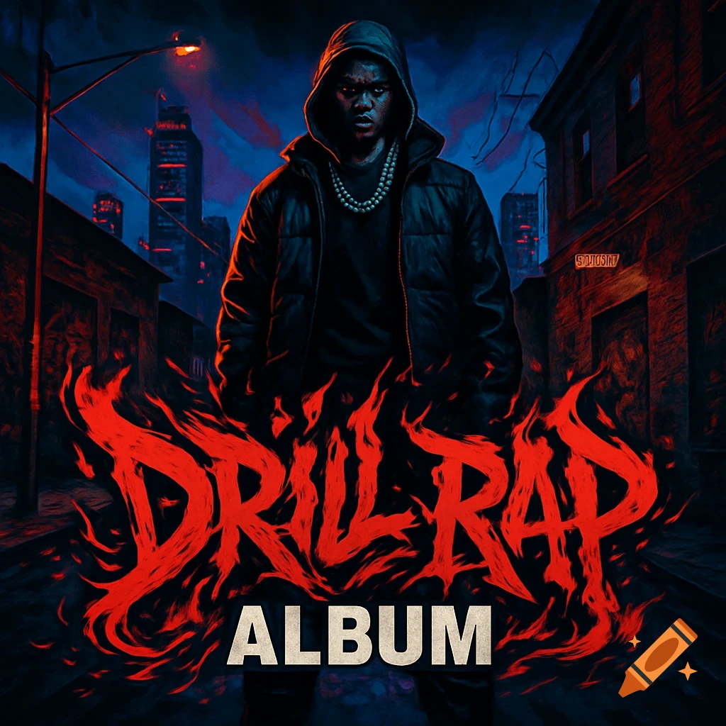An album cover featuring a man in a black hoodie and puffer jacket standing in a dark, urban alleyway with red fiery text "DRILL RAP ALBUM" at the bottom.