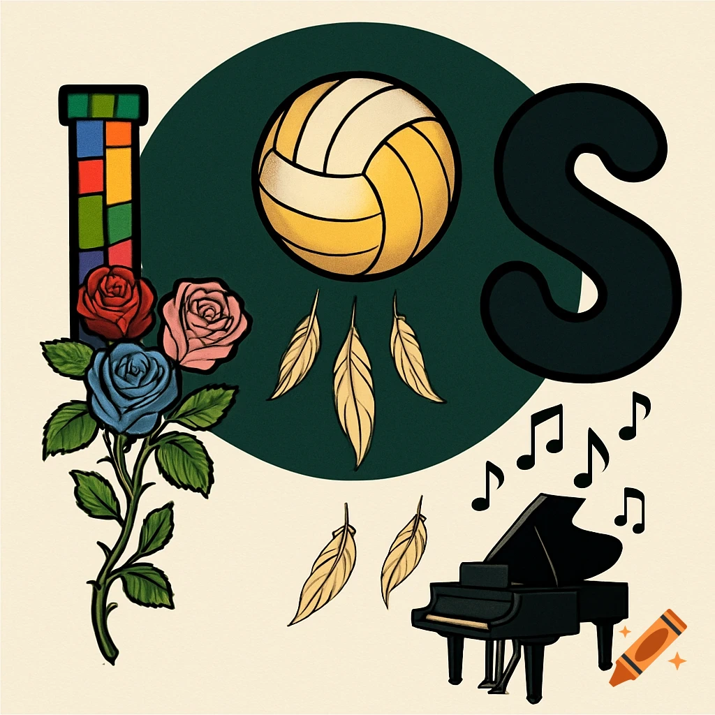 A stylized emblem featuring a dark green circle with bold initials L and S, a volleyball, feathers, roses, music notes, and a piano on a cream background.