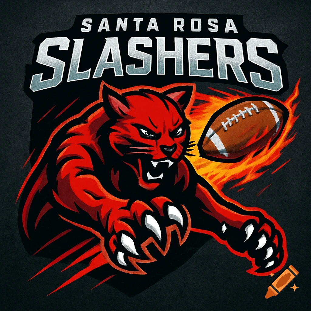 A red panther-like mascot with claws extended, a football, and fire, with 'SANTA ROSA SLASHERS' text, in a fierce sports logo style.