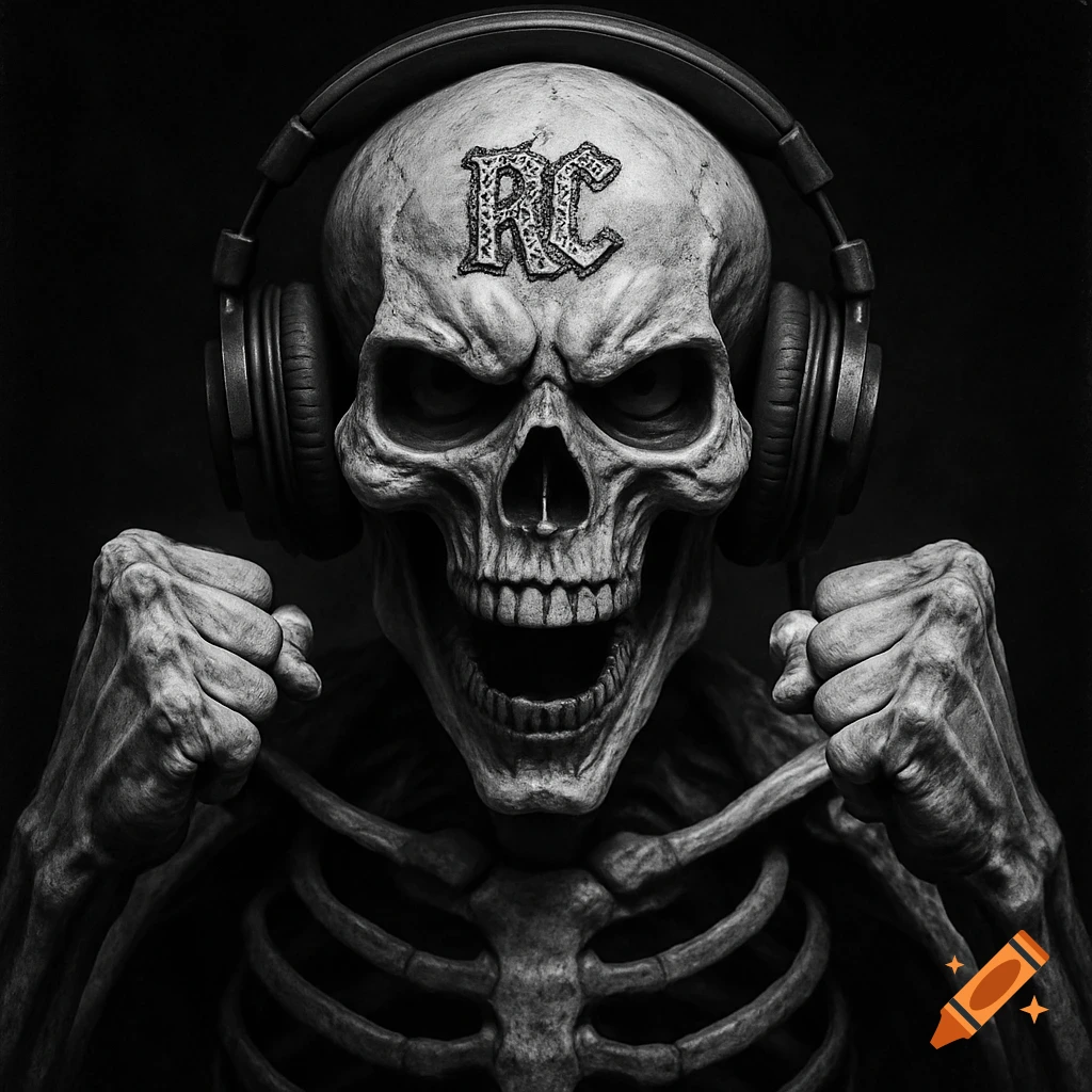 Stylized black and white portrait of an angry skeleton wearing headphones, fists clenched, with 'RC' on its forehead.