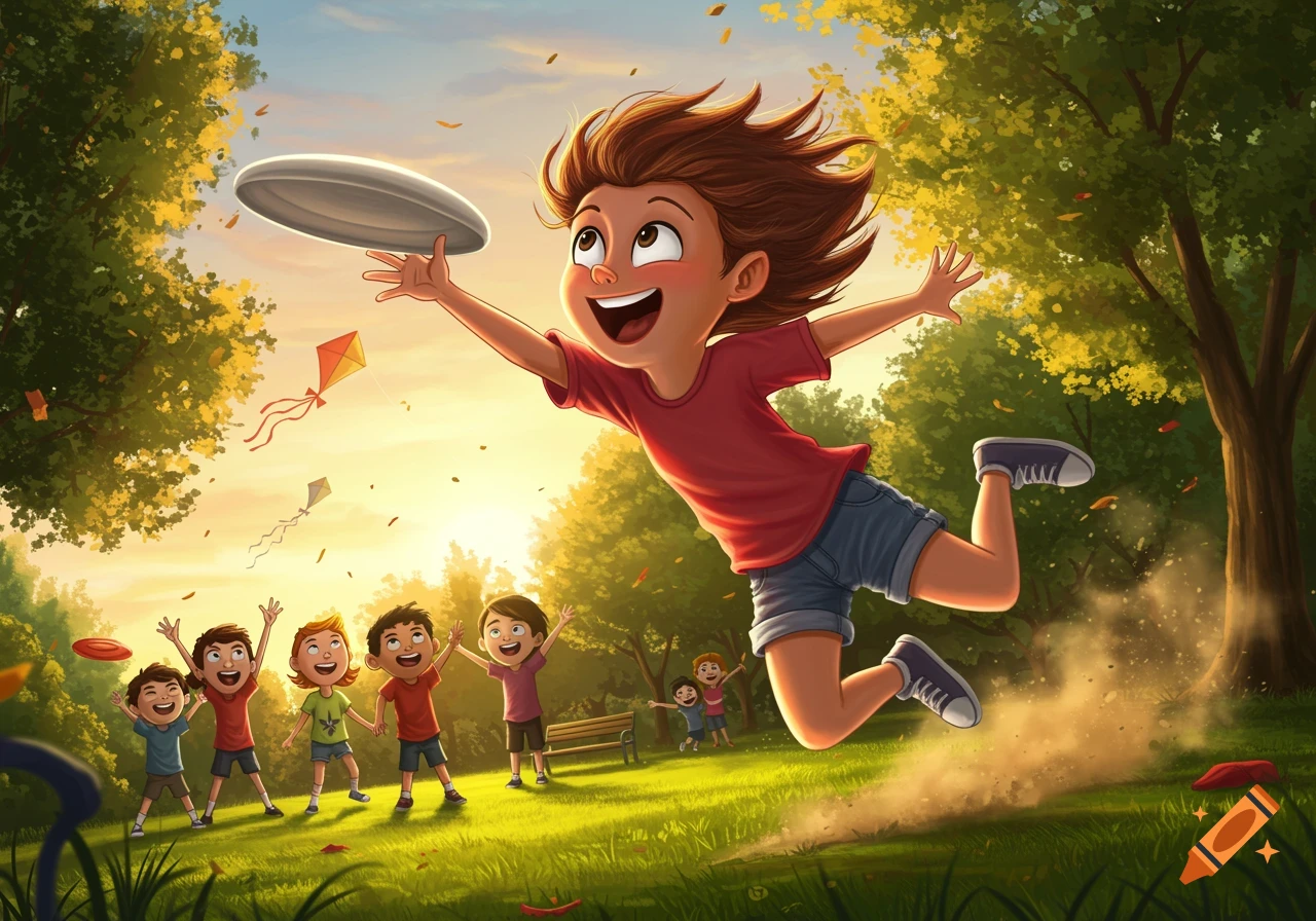 Vibrant cartoon illustration of a happy child jumping to catch a frisbee in a sunny park with other children and kites.