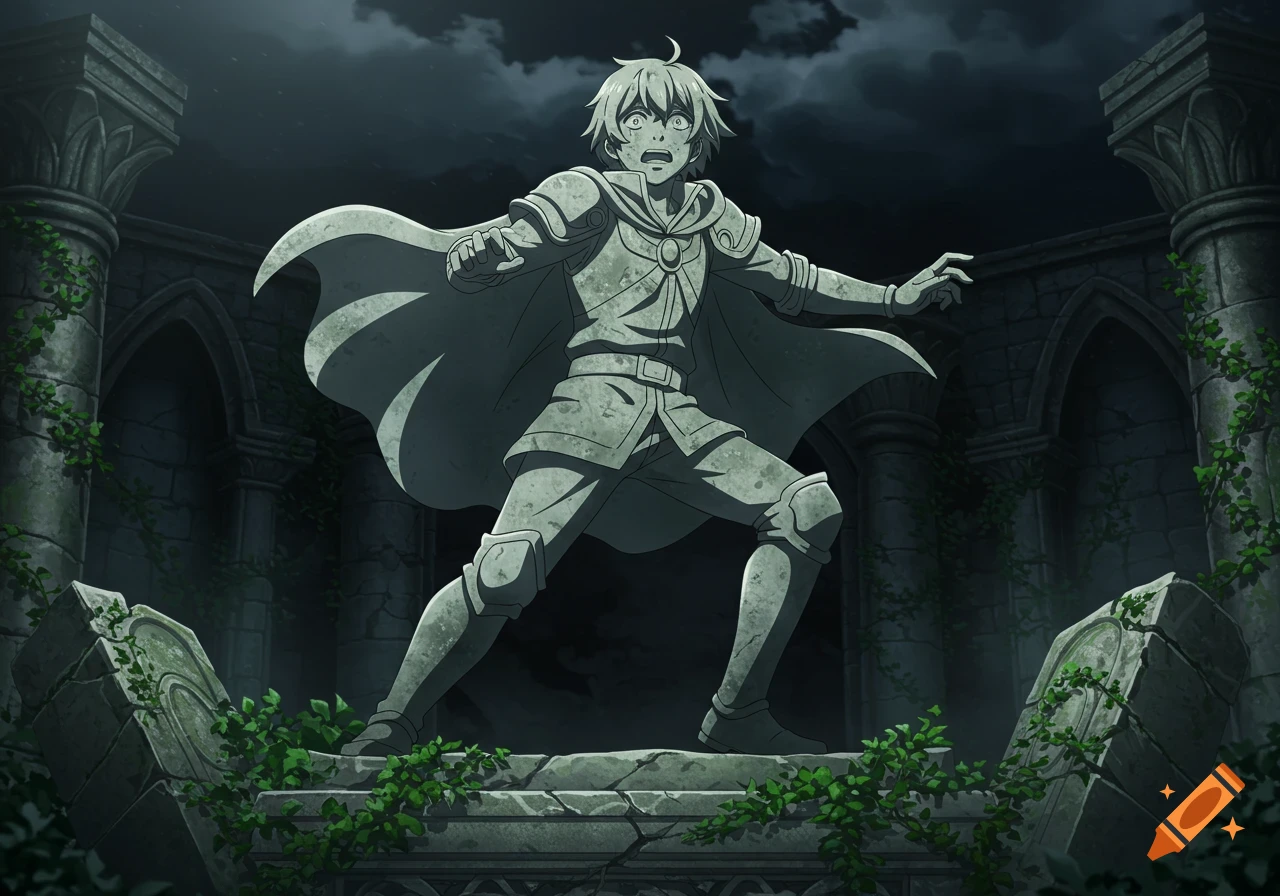 Anime-style stone statue of a young man with a fearful expression, standing in ancient ruins.