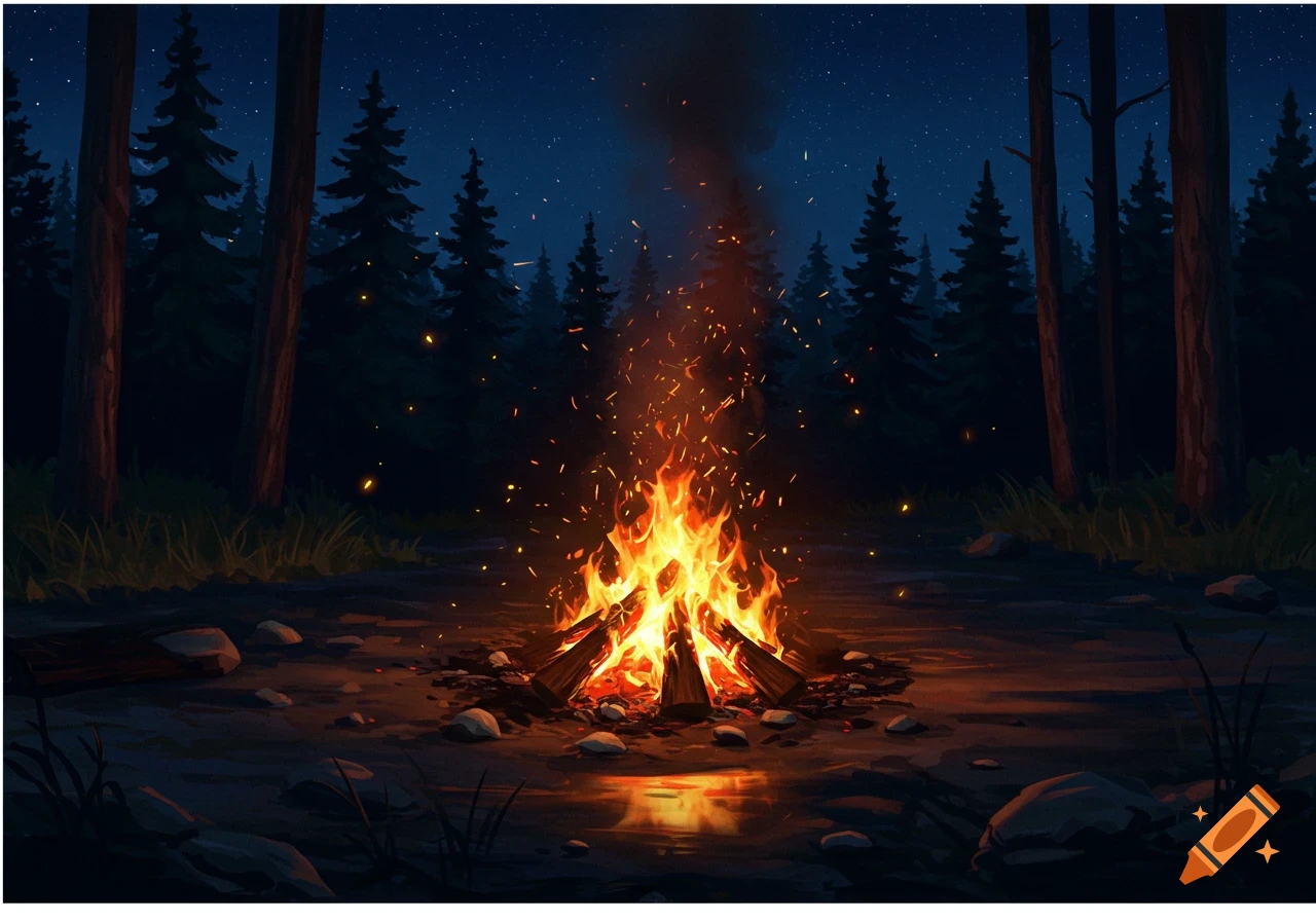 A vibrant stylized illustration of a campfire burning brightly in a dark forest under a starry night sky.