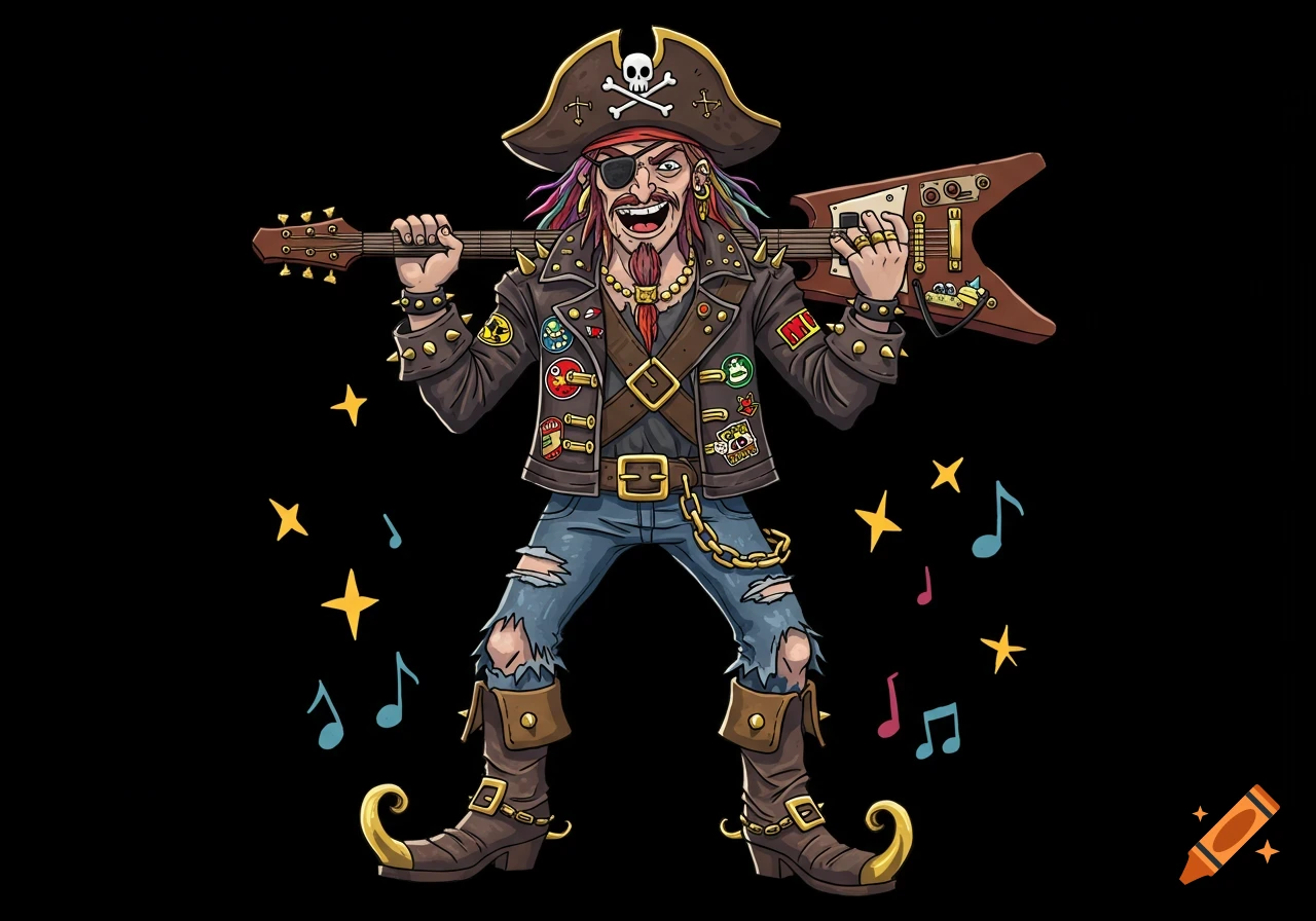 Cartoon pirate rockstar with an eyepatch, studded jacket, and colorful hair, holding an electric guitar. Musical notes and stars float around him.