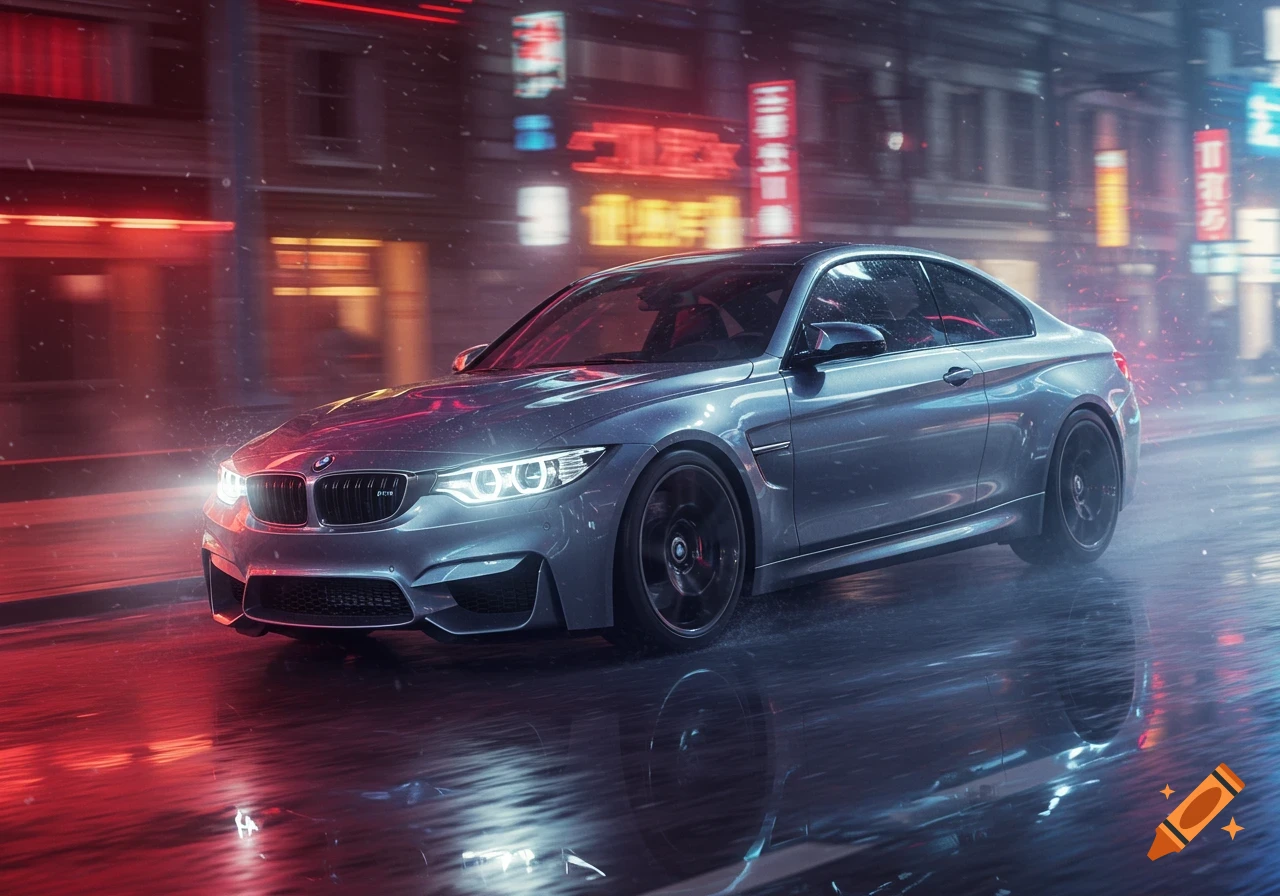 A silver BMW car drives through a neon-lit city street at night, with rain reflecting on the wet asphalt.