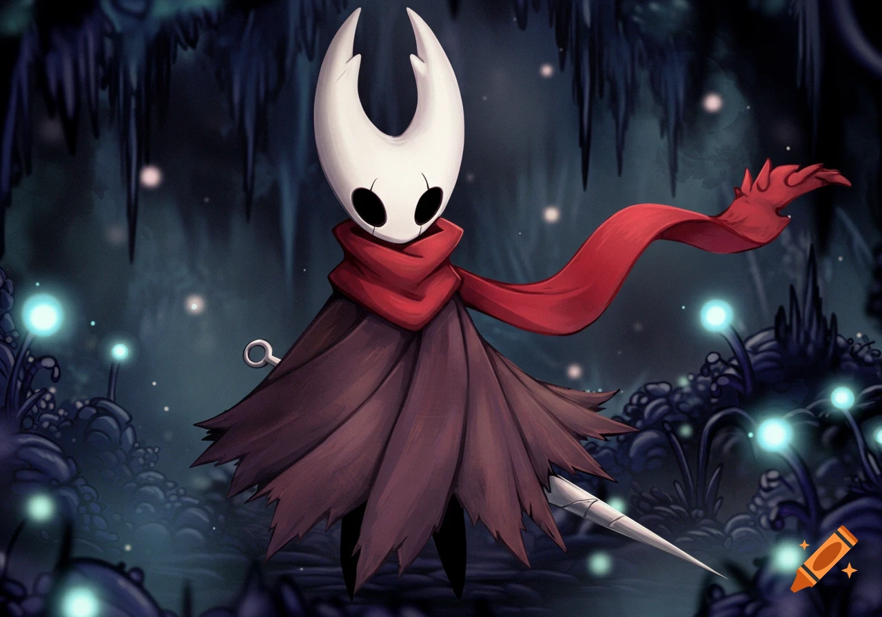 A stylized character with a white bone mask, red scarf, and dark brown cloak, holding a nail, standing in a glowing blue cavern in the style of Hollow Knight.