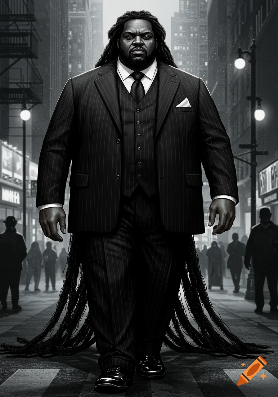 A towering Black man with long dreadlocks, dressed in a pinstripe suit, walks menacingly down a dimly lit city street at night, with his hair dragging behind him. Other blurred figures are in the background.