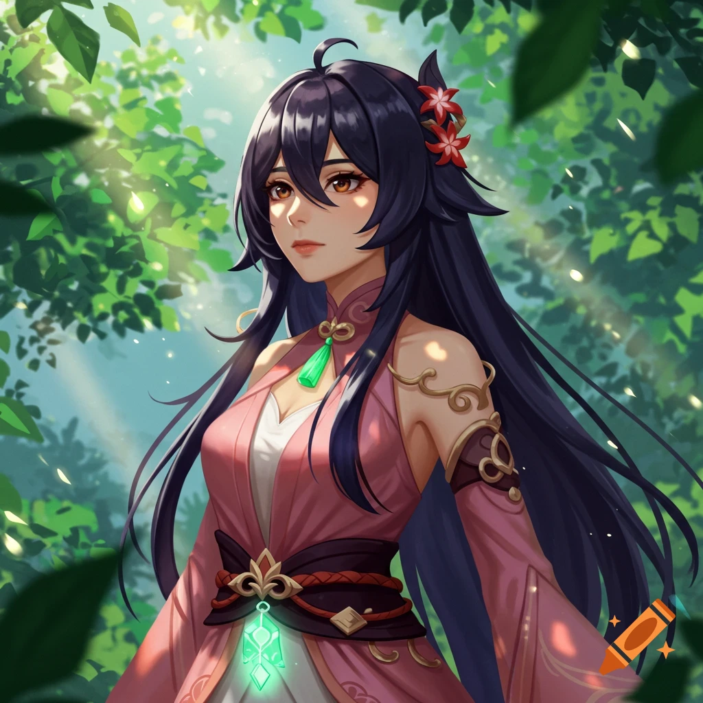 Anime-style female character with long black hair, a pink dress, and red flowers in her hair, standing in a lush forest with dappled sunlight.