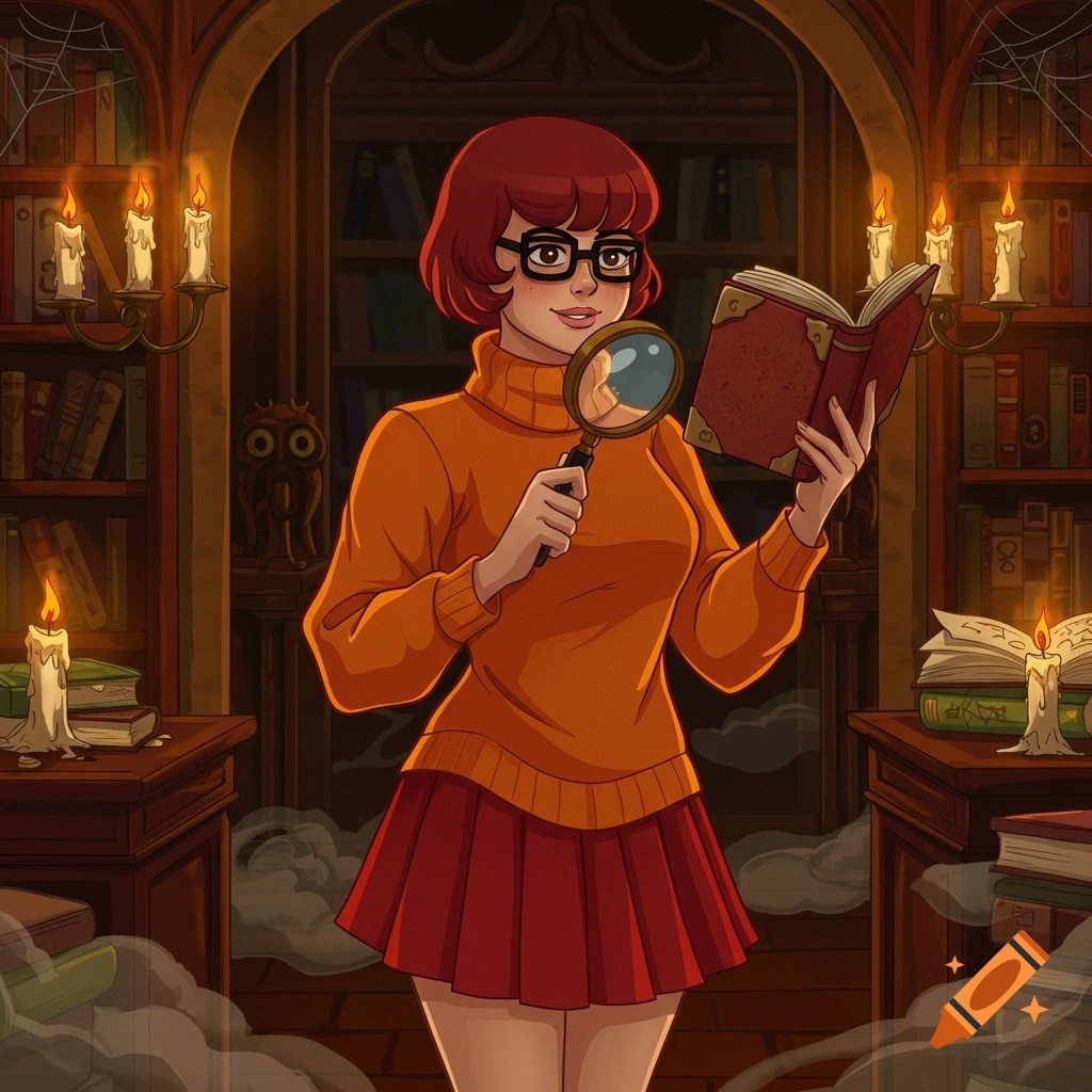 Velma in a library, holding a magnifying glass in one hand and an open book in the other, surrounded by candles and bookshelves.