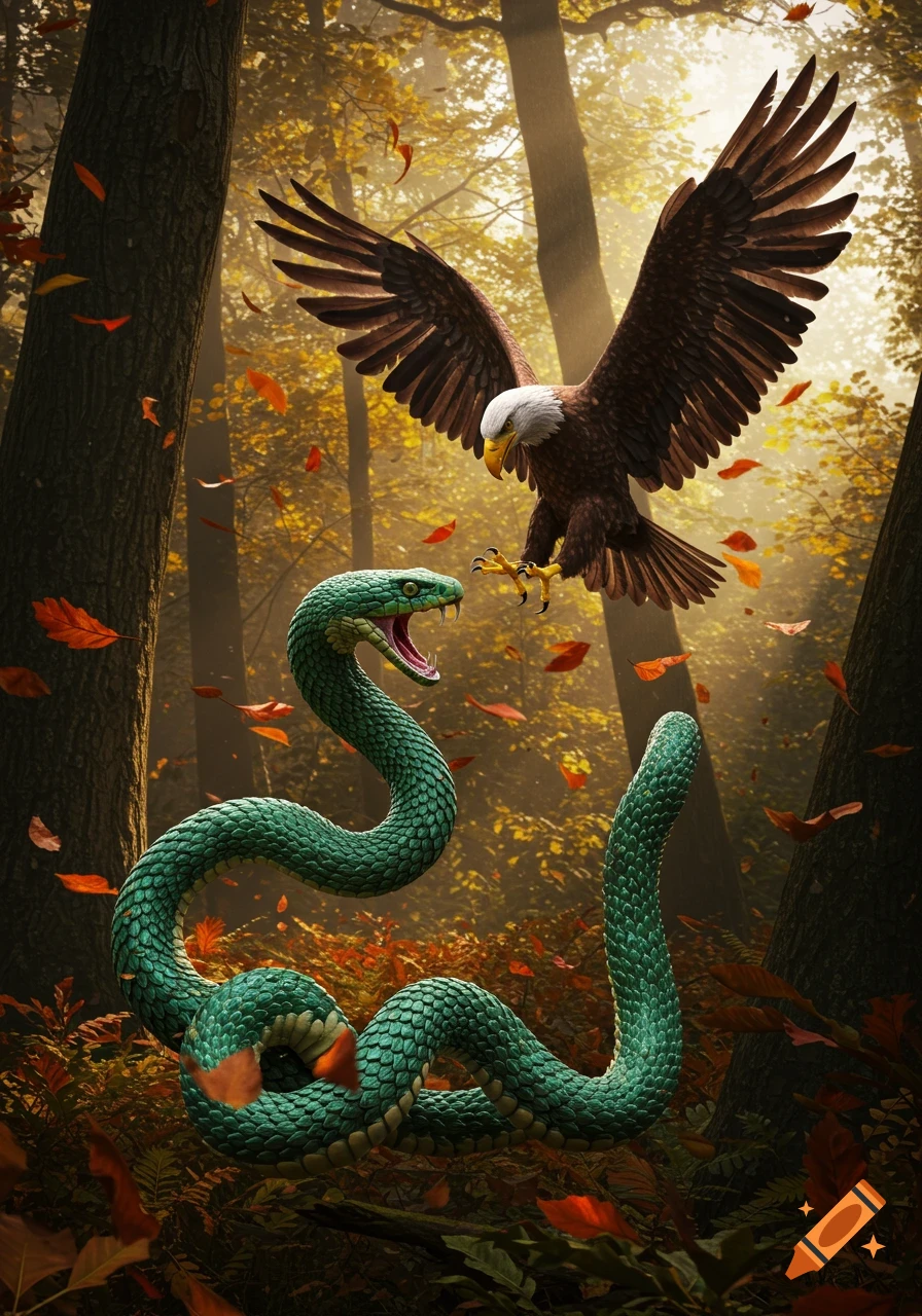 A photorealistic image of a bald eagle with outstretched talons about to strike a green snake in an autumn forest.