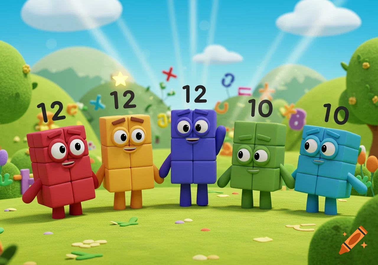 Five colorful block characters (red, yellow, purple, green, blue) stand in a grassy field with numbers 10 and 12 and math symbols floating above them, in a 3D cartoon style.