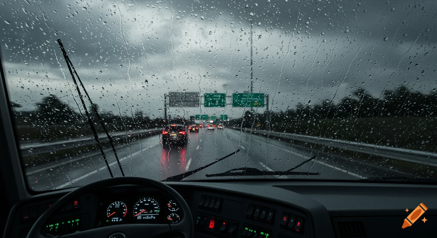 View from a vehicle's windshield, heavily covered in rain droplets, looking out onto a wet highway with traffic and blurred highway signs.