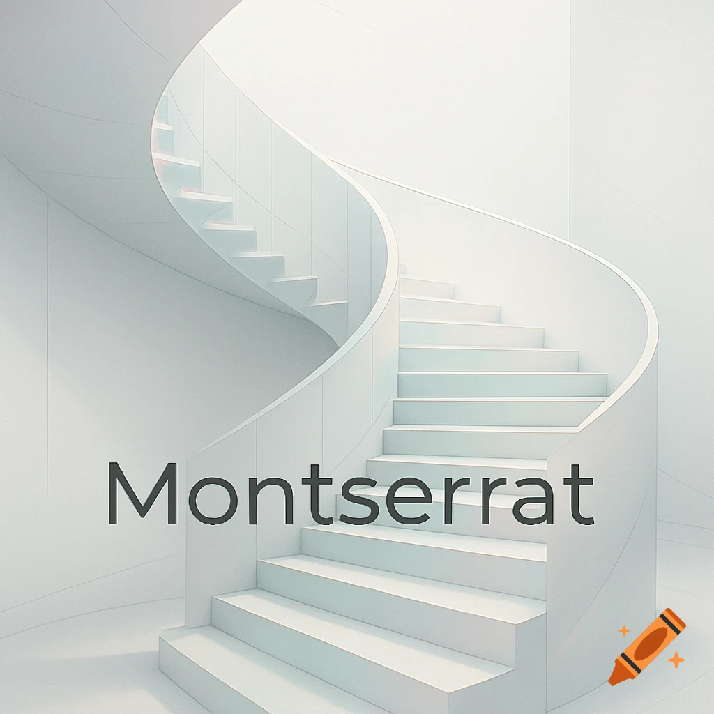 A minimalist, modern white spiral staircase with the word 'Montserrat' overlaid in dark gray.