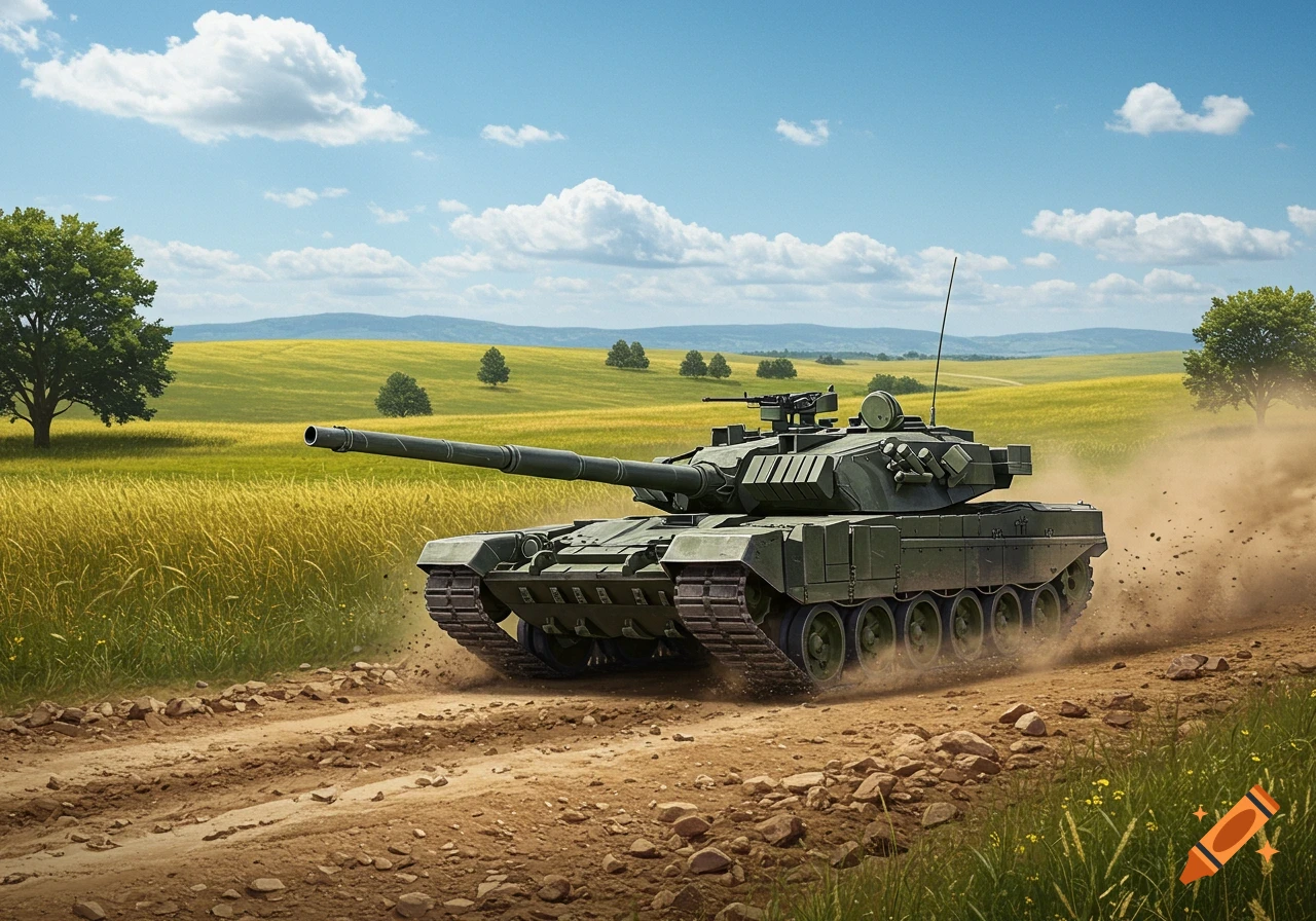 A military tank drives on a dirt road through a golden field under a blue sky, kicking up dust.