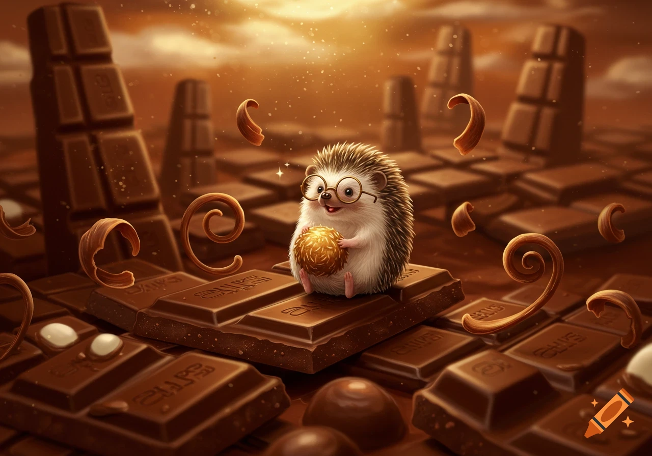 A cute hedgehog with glasses sits on a chocolate bar, surrounded by more chocolate bars and floating chocolate curls in a warm, whimsical setting.