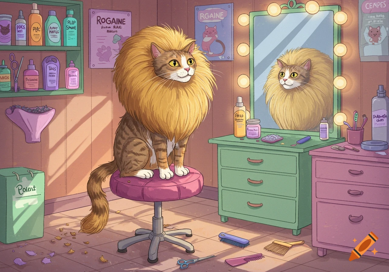 A cartoon tabby cat with a huge golden lion's mane sits on a pink stool in a brightly lit salon, looking into a vanity mirror.